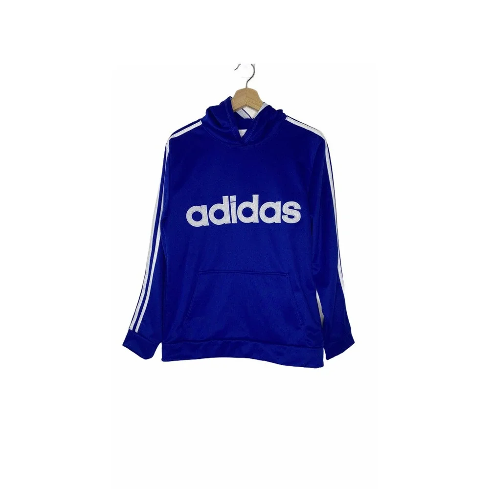 Adidas Boys Hoodie Pullover‎ Jacket Blue Logo Spell Out 3 Stripes Pocket Size XL